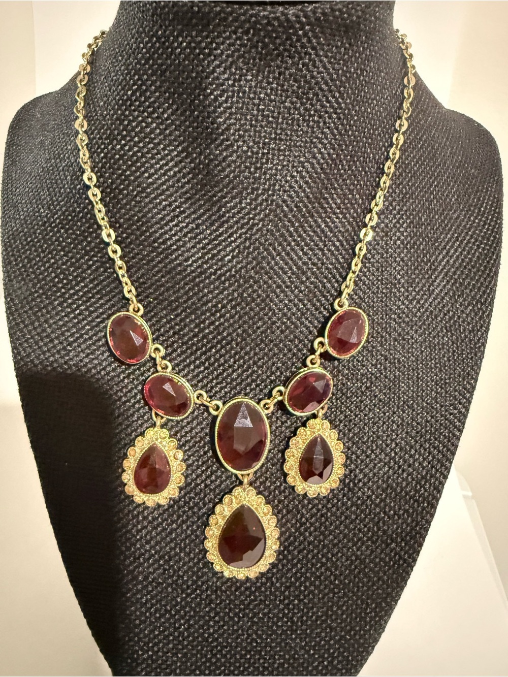 Gold-Tone Statement Necklace with Deep Red Gemstones - Women Jewelry
